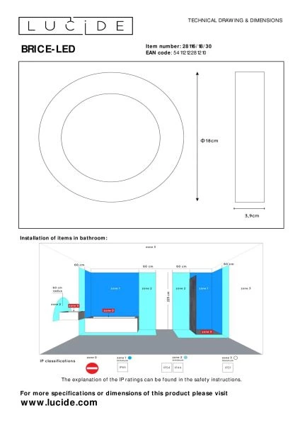 Lucide BRICE-LED - Flush ceiling light Bathroom - Ø 18 cm - LED Dim. - 1x12W 3000K - IP44 - Black - technical